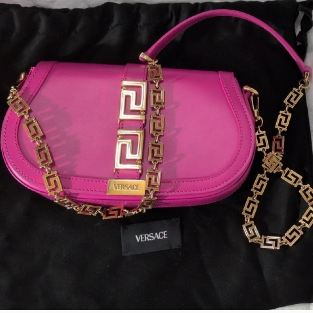 VERSACE fuchsia Pink Leather Chain Crossbody/Saddle Bag 👜 - Picture 2 of 13